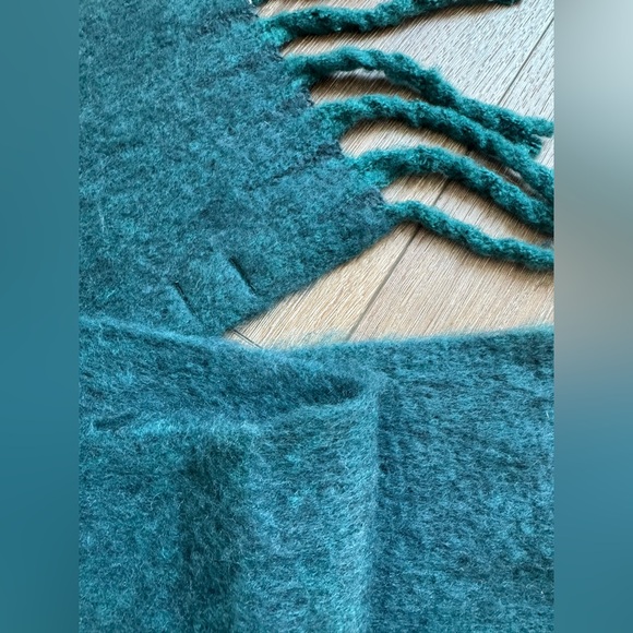 Long Warm Wooly Teal Scarf with Fringe Ends - Picture 2 of 5